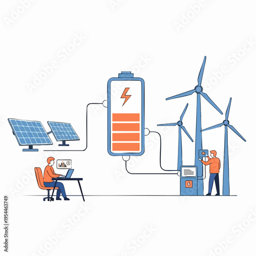Engineers monitoring renewable energy sources with solar panels, wind turbines, and a large battery for sustainable power generation.