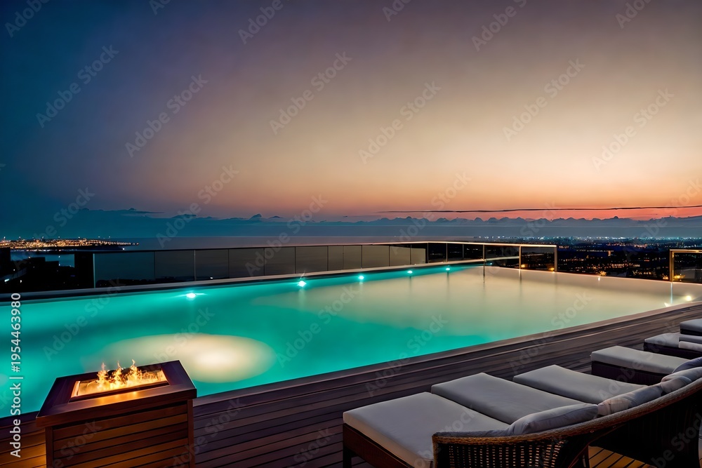 Fototapeta premium Modern luxury hotel rooftop infinity pool with city skyline view at twilight.