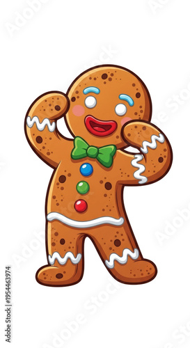 A cartoon gingerbread man with a green bow tie isolated on transparent background