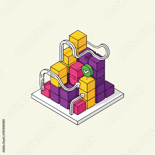 Isometric illustration of data analysis and optimization process.