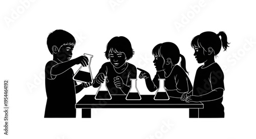 Silhouette of Children Doing Science Experiments with Beakers and Flasks