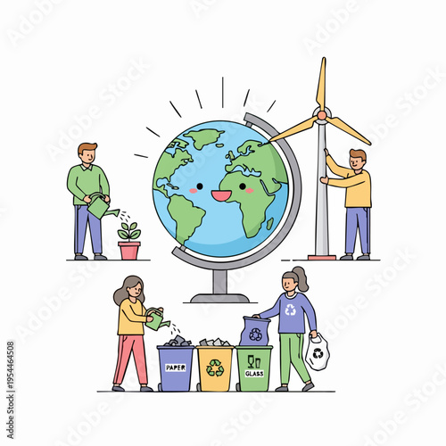 People caring for the planet with recycling and renewable energy.