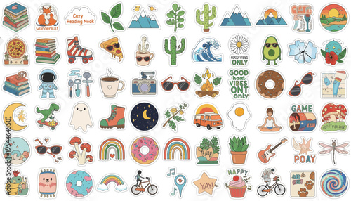 Extensive Set of Playful Hand-Drawn Doodle Stickers Showcasing Everyday Objects, Food, and Positive Messages on an Isolated White Background