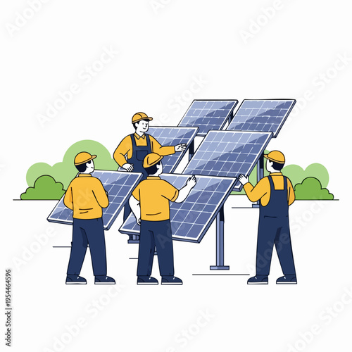 Solar Panel Installation Team Working Together Outdoors.