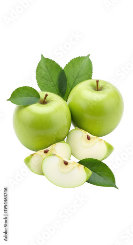 Two green apples with leaves and sliced pieces isolated on transparent background