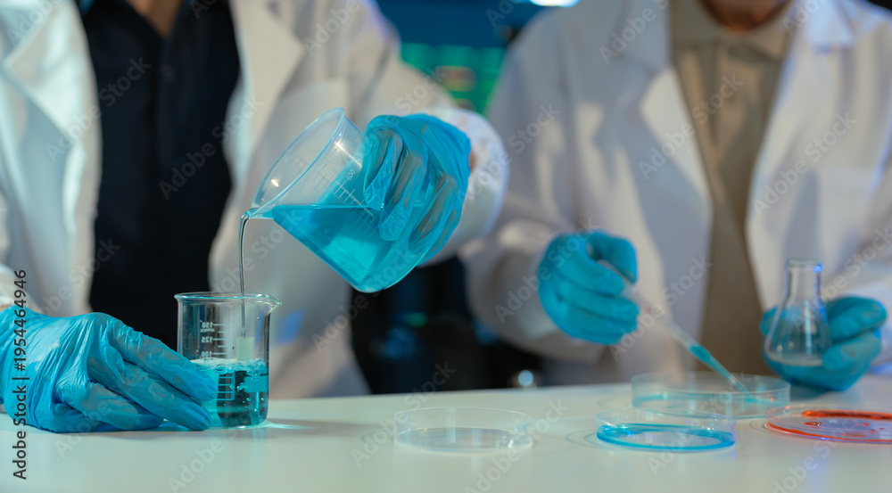 Fototapeta premium Science and medicine, scientist analyzing and dropping a sample into a glassware, experiments containing chemical liquid in laboratory on glassware, innovative and technology.