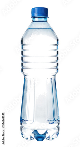 A clear plastic water bottle with a blue cap isolated on transparent background