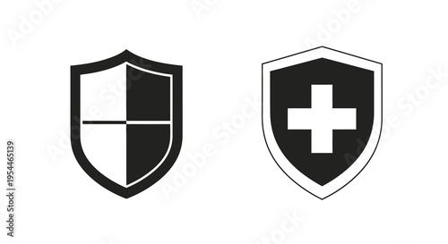 Two shield emblems one with a cross in stark black silhouette