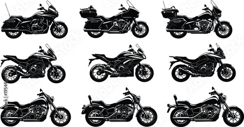 Motorcycle silhouettes collection, sport bike cruiser and touring motorbike set, transportation vehicle vector illustration isolated on white background design