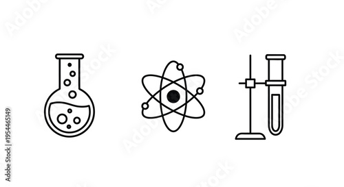 Scientific glassware and atomic structure represented as a clean silhouette