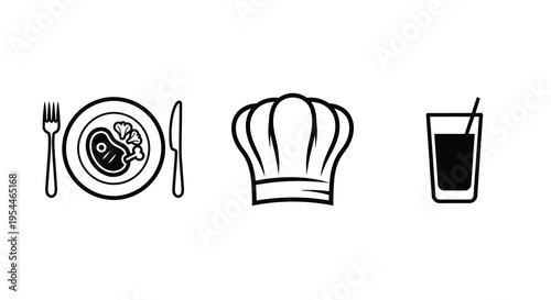 Restaurant icons featuring food chef s hat and drink a silhouette
