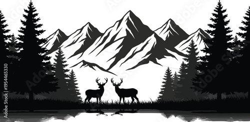Deer silhouette mountain landscape, forest wildlife scene, pine trees lake reflection, nature illustration, wilderness background, majestic mountains, outdoor scenery