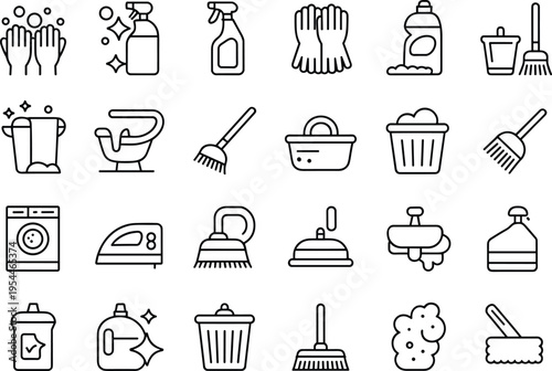 Black line of various cleaning tools and supplies cleaning line black and white brooms