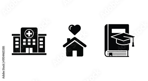 Healthcare home and education icons in a stark black silhouette