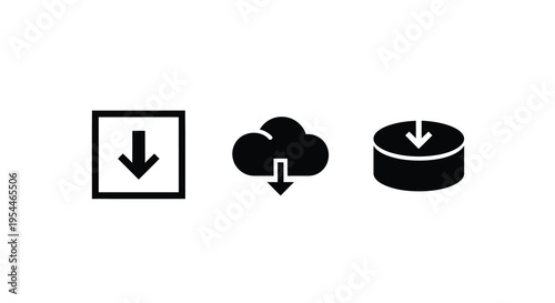 Three black icons representing data transfer and storage silhouette