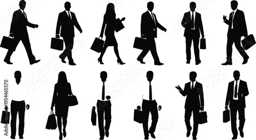 Business people silhouettes collection, walking professionals with briefcases, corporate men and women isolated, office workers vector set on white