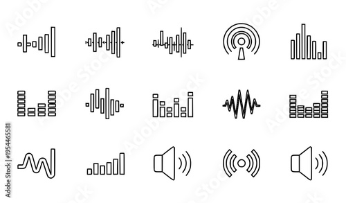 Sound and radio wave line icon set with audio signal and broadcasting waveforms in minimal style