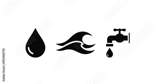 Water droplet wave and faucet icons displayed in a black silhouette