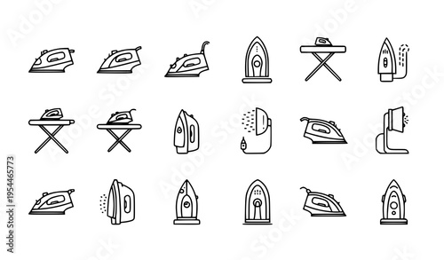 Creative iron flat line icon set with steam generator and garment care appliance illustrations