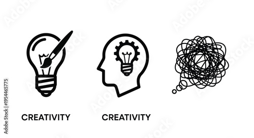 Icons representing creativity idea thought and chaotic mind silhouette