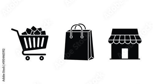 Shopping icons depicting a cart bag and store front silhouette