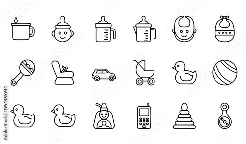 Thin line baby care icon set with stroller bottle rattle and childcare symbols for parenting design