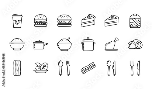 Modern food and kitchen line icon set with burger coffee cake and cooking meal symbols