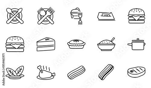 Thin line kitchen and food icon set with burger cake coffee chicken and meal symbols
