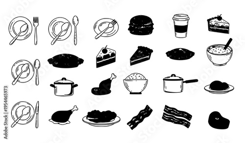 Creative thin line food icon set with kitchen meals burger cake coffee and cooking illustrations