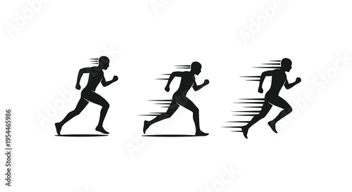 Three runners in dynamic poses showing increasing speed a silhouette