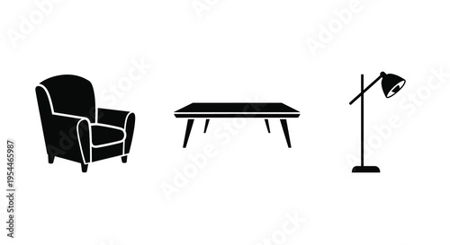 Minimalist furniture arrangement featuring a chair table and lamp silhouette