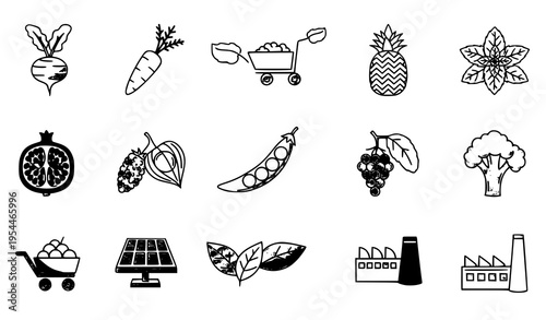 Creative thin line agriculture icon set with garden trolley solar panel fruit and industrial factory illustrations