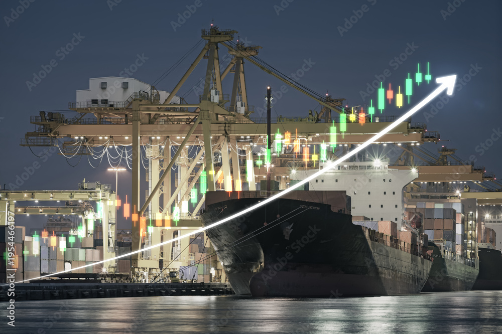 Obraz premium Port in Bangkok, Thailand, overlaid with upward trending stock market candlestick chart. Indicates positive market trend, representing increasing commodity values, shipping demand and trade growth.