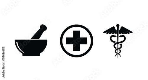 Medical icons featuring a mortar staff and caduceus silhouette