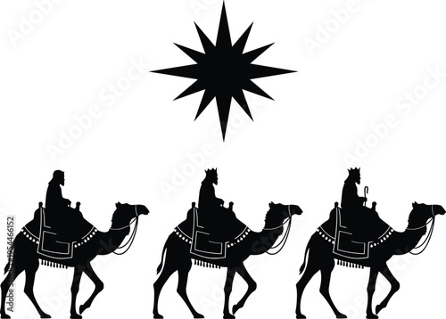Three wise men silhouette camels nativity star biblical scene Christmas story magi journey desert isolated black figures religious illustration