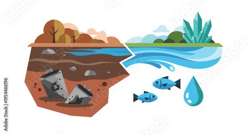 A split illustration contrasts a polluted landscape with discarded batteries and barren trees against a clean environment with clear water, fish, and green hills.