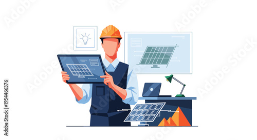 A male engineer in a hard hat holds a tablet displaying a solar panel design while standing near a desk with a laptop.