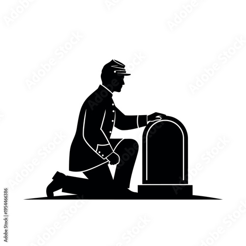 Fotografie Civil War Soldier Mourning at Grave Silhouette.