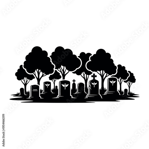 Cemetery with Gravestones and Trees Silhouette.