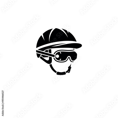 Jockey helmet and goggles black and white illustration.