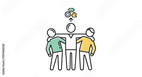 Vector illustration of three people with a gear and lightbulb