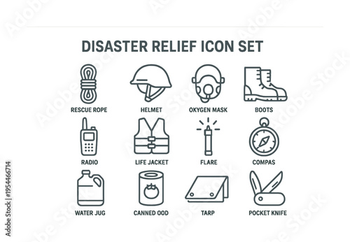 Disaster relief icon set featuring essential emergency tools for safety and survival