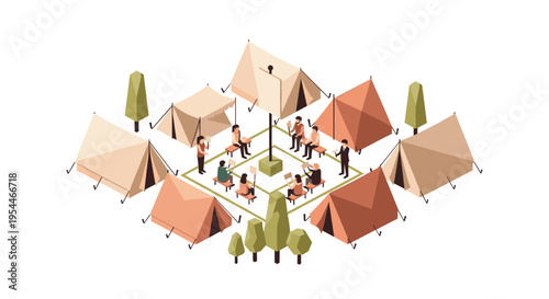 People gather in a central square surrounded by numerous camping tents and green trees in an isometric view.