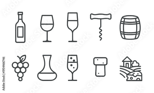 Wine symbols collection: bottle, glasses, corkscrew, barrel, grapes, decanter, vineyard icons