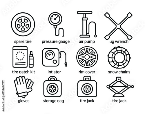 Car tire maintenance tools icons: spare, gauge, air pump, wrench, and more
