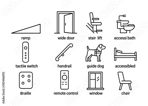 Accessibility icons: ramp, wide door, stair lift, accessible bath, tactile switch, braille