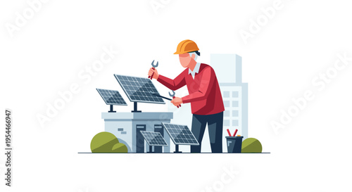 A male technician in a hard hat adjusts a solar panel on a rooftop with wrenches, surrounded by other panels.