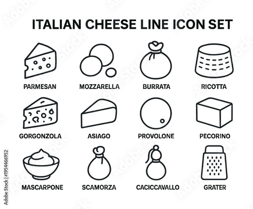 Italian cheese line icon set featuring parmesan, mozzarella, burrata, and more