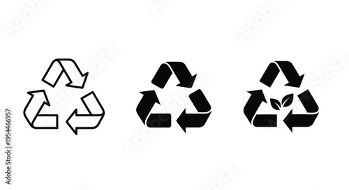 Three recycling symbols with varying designs a dark silhouette