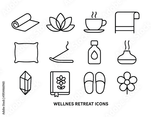 Wellness retreat icons: yoga, relaxation, meditation, aromatherapy, comfort essentials